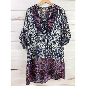 Design Recipe Women's Tunic Dress Medium‎ Blue Pink Boho Tie Dye Lace Up